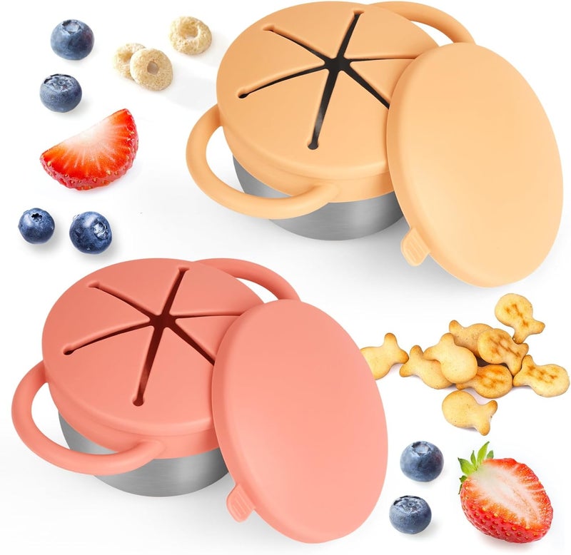 Daximo 2 Pack Snack Cups for Toddlers Spill Proof - Detachable Stainless Steel Toddler Snack Cups with Silicone Lids & Handles - Dishwasher Safe Baby Snack Containers (Orange and Yellow) - Image 1